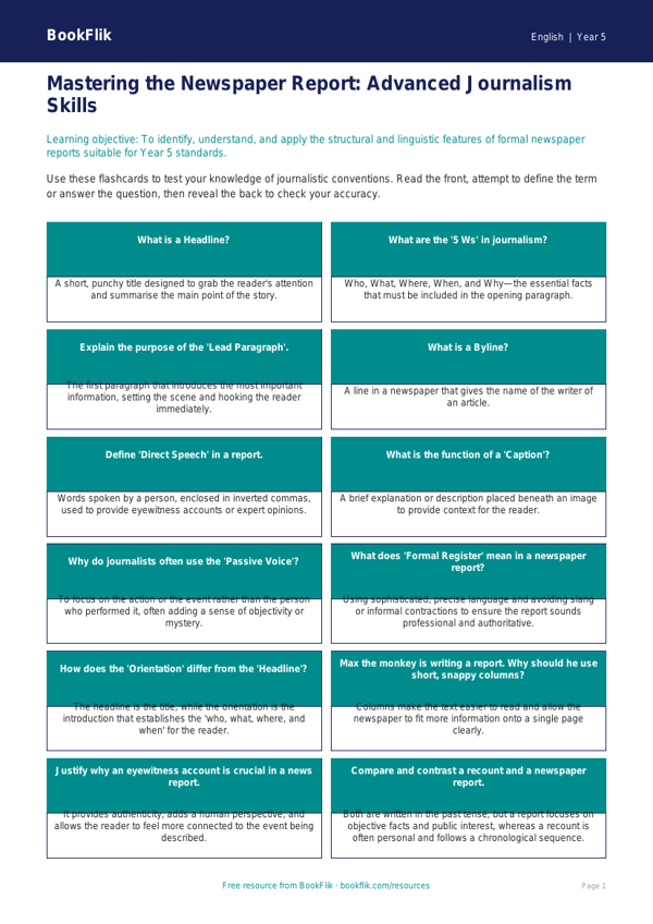 Free Newspaper Writing Flashcards | Year 5 Greater Depth | BookFlik worksheet preview — English Newspaper Writing