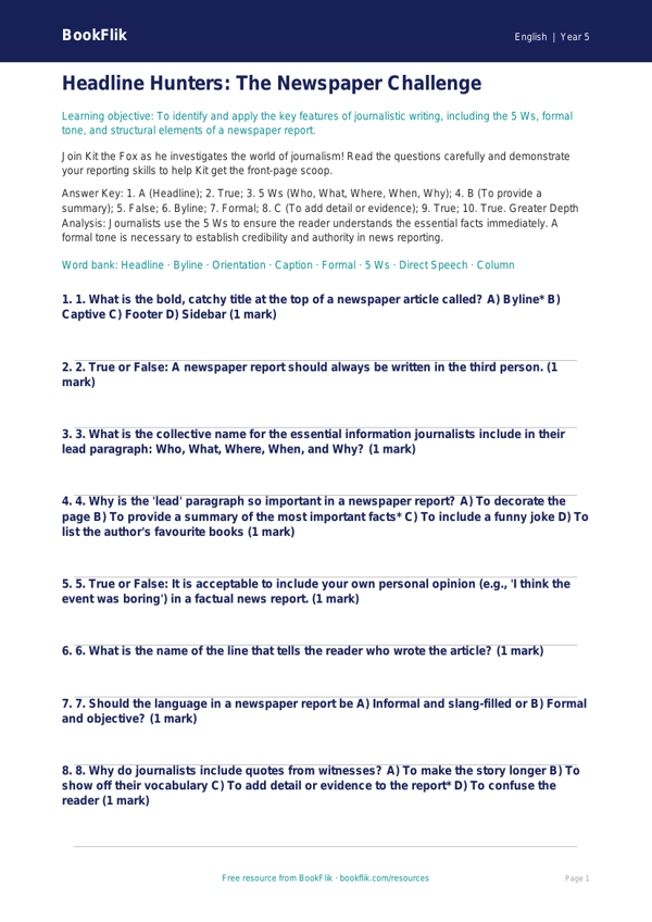 Free Newspaper Writing Quiz | Year 5 Greater Depth | BookFlik worksheet preview — English Newspaper Writing