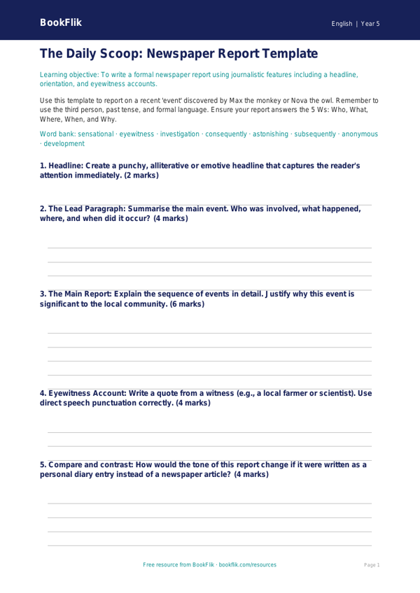 Free Newspaper Writing Template | Year 5 Greater Depth | BookFlik worksheet preview — English Newspaper Writing