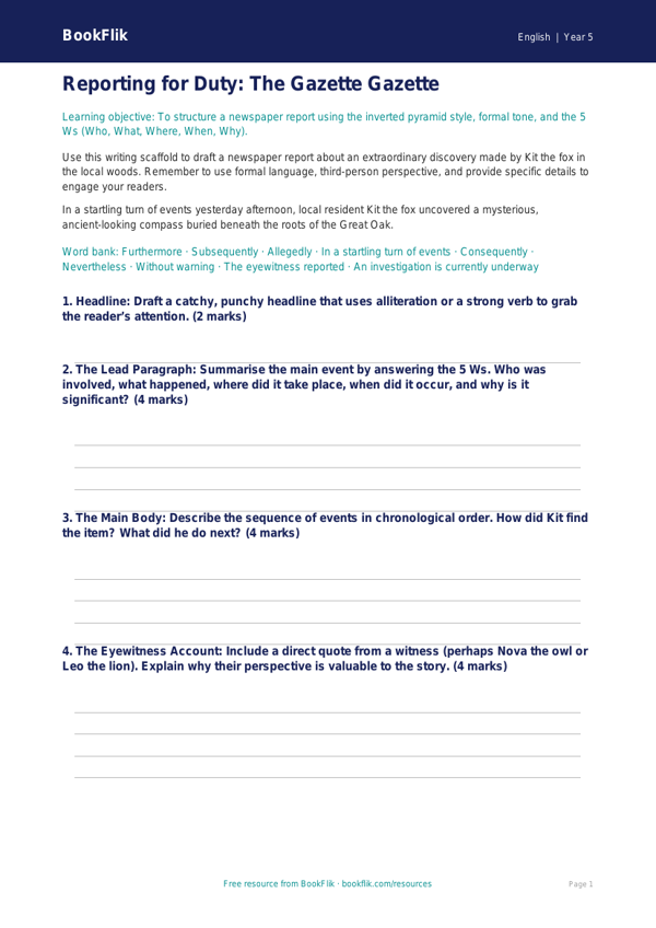 Free Newspaper Writing Frame | Year 5 Greater Depth | BookFlik worksheet preview — English Newspaper Writing
