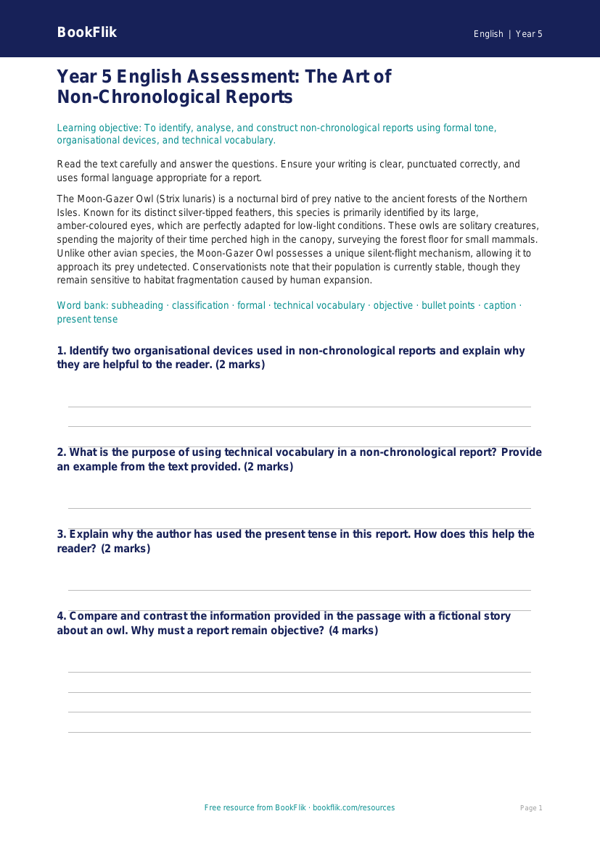 Free Non Chronological Reports Assessment | Year 5 Greater Depth | BookFlik worksheet preview — English Non Chronological Reports