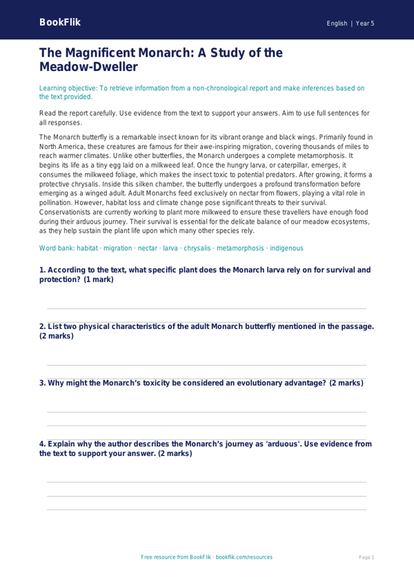 Free Non Chronological Reports Comprehension | Year 5 Greater Depth | BookFlik worksheet preview — English Non Chronological Reports