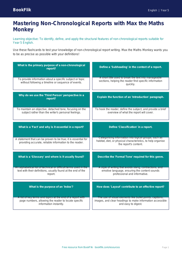 Free Non-Chronological Reports Flashcards | Year 5 Greater Depth | BookFlik worksheet preview — English Non Chronological Reports