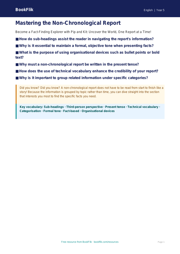 Free Non-Chronological Reports Poster | Year 5 Greater Depth | BookFlik worksheet preview — English Non Chronological Reports