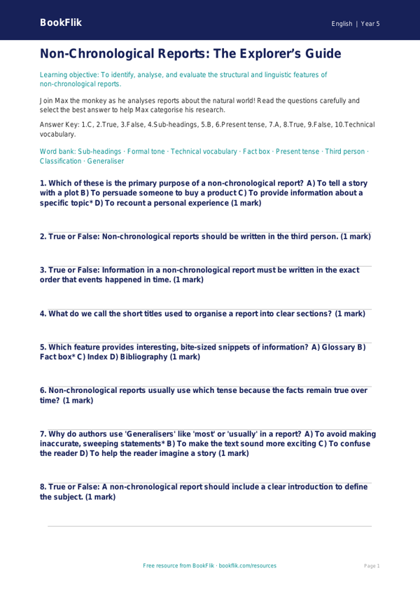 Free Non Chronological Reports Quiz | Year 5 Greater Depth | BookFlik worksheet preview — English Non Chronological Reports