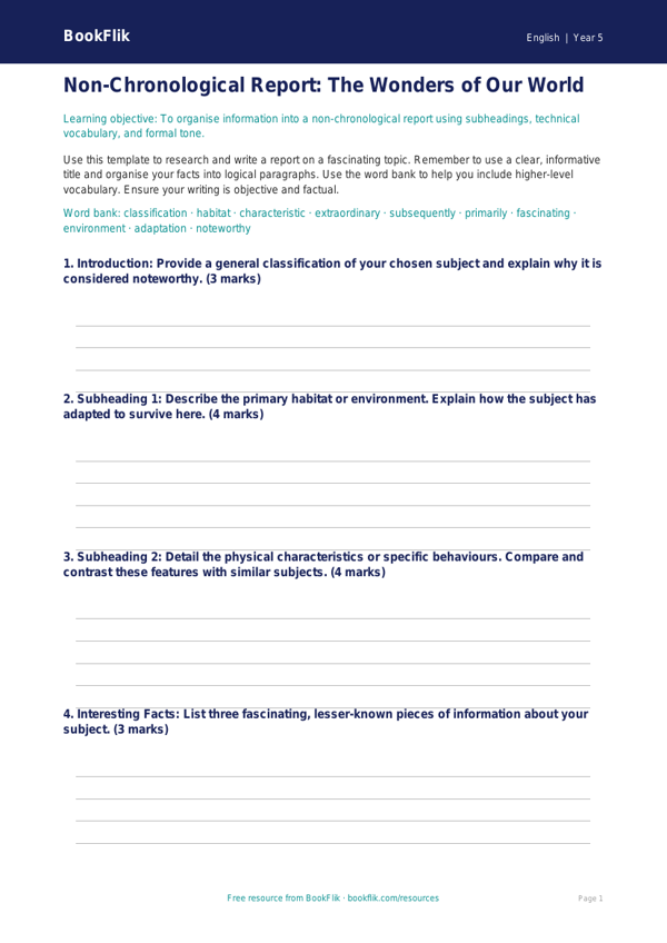 Free Non Chronological Reports Template | Year 5 Greater Depth | BookFlik worksheet preview — English Non Chronological Reports
