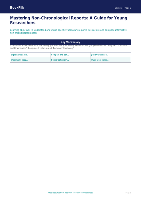 Free Non Chronological Reports Word Mat | Year 5 Greater Depth | BookFlik worksheet preview — English Non Chronological Reports