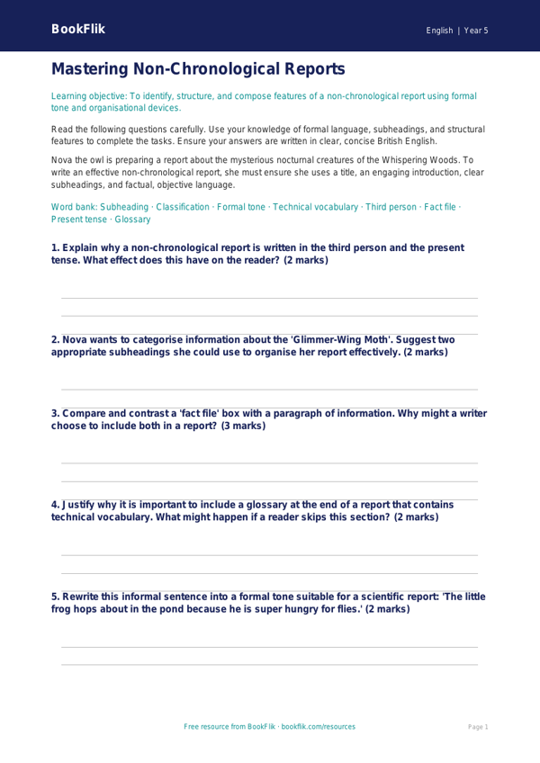 Free Non Chronological Reports Worksheet | Year 5 Greater Depth | BookFlik worksheet preview — English Non Chronological Reports