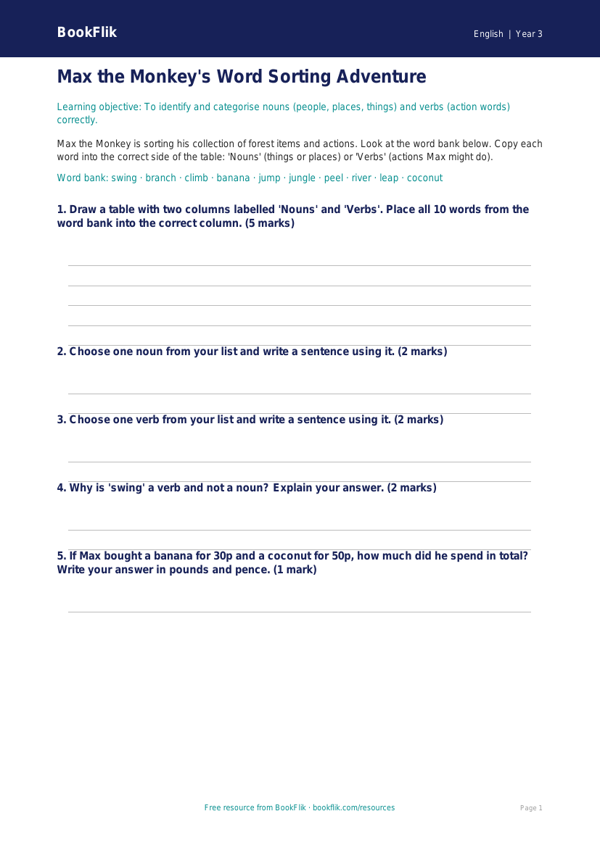 Free Nouns And Verbs Activity Sheet | Year 3 Core | BookFlik worksheet preview — English Nouns And Verbs