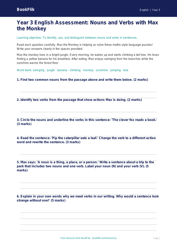Free Nouns And Verbs Assessment | Year 3 Core | BookFlik worksheet preview — English Nouns And Verbs