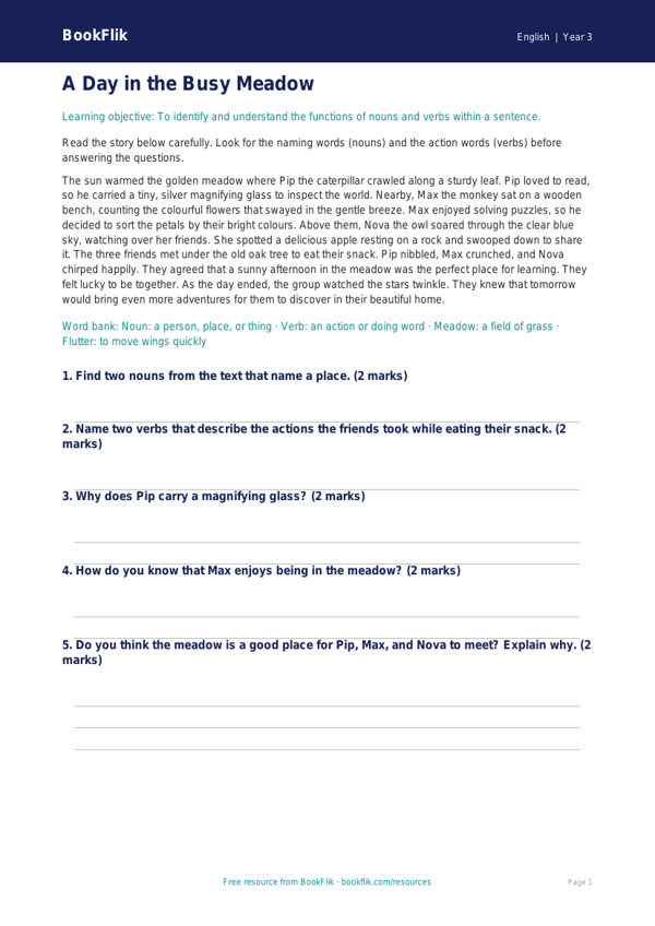 Free Nouns And Verbs Comprehension | Year 3 Core | BookFlik worksheet preview — English Nouns And Verbs