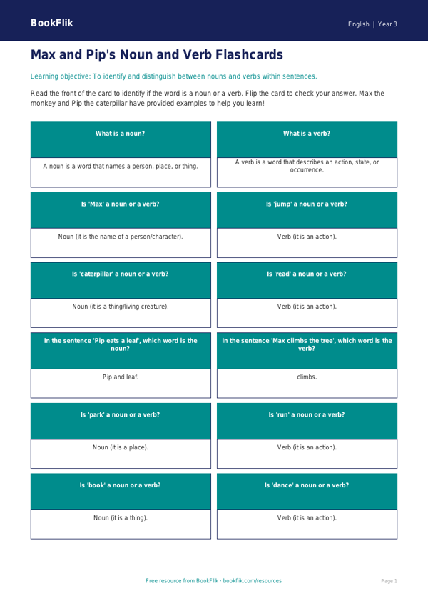 Free Nouns And Verbs Flashcards | Year 3 Core | BookFlik worksheet preview — English Nouns And Verbs