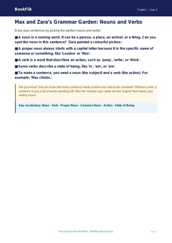 Free Nouns And Verbs Poster | Year 3 Core | BookFlik worksheet preview — English Nouns And Verbs