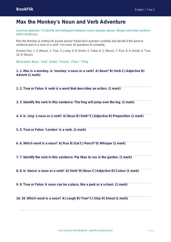 Free Nouns And Verbs Quiz | Year 3 Core | BookFlik worksheet preview — English Nouns And Verbs