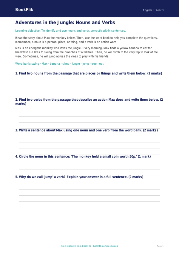 Free Nouns And Verbs Track Sheet | Year 3 Core | BookFlik worksheet preview — English Nouns And Verbs
