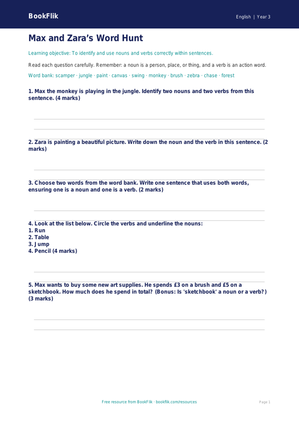 Free Nouns And Verbs Worksheet | Year 3 Core | BookFlik worksheet preview — English Nouns And Verbs