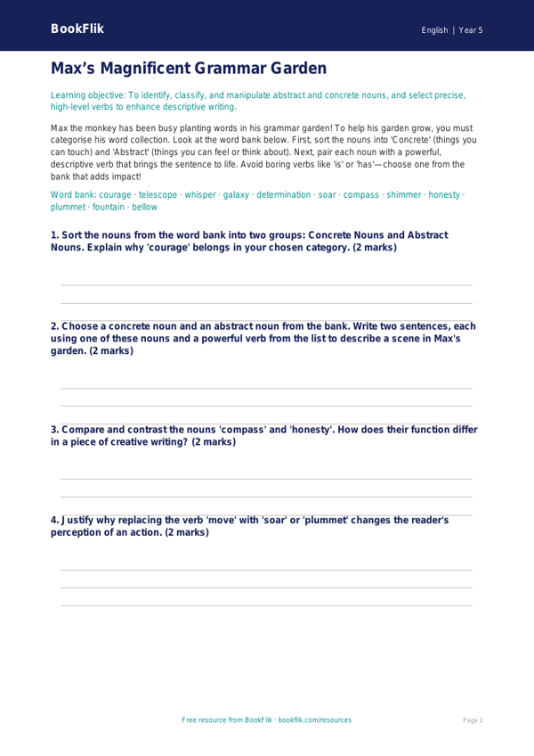 Free Nouns And Verbs Activity Sheet | Year 5 Greater Depth | BookFlik worksheet preview — English Nouns And Verbs