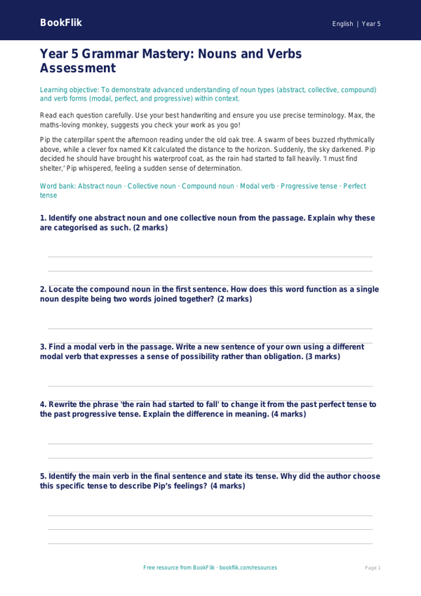 Free Nouns And Verbs Assessment | Year 5 Greater Depth | BookFlik worksheet preview — English Nouns And Verbs