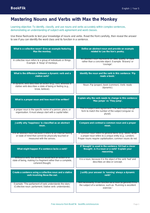 Free Nouns And Verbs Flashcards | Year 5 Greater Depth | BookFlik worksheet preview — English Nouns And Verbs