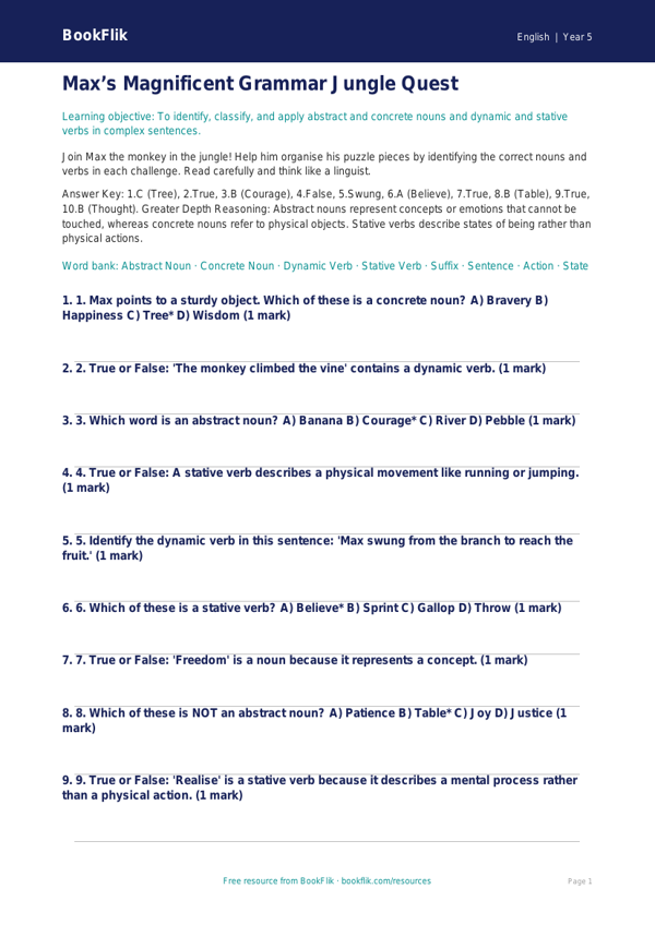Free Nouns And Verbs Quiz | Year 5 Greater Depth | BookFlik worksheet preview — English Nouns And Verbs