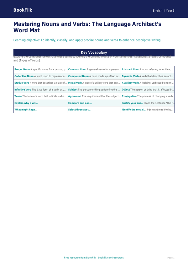 Free Nouns And Verbs Word Mat | Year 5 Greater Depth | BookFlik worksheet preview — English Nouns And Verbs