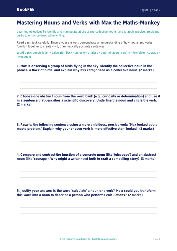 Free Nouns And Verbs Worksheet | Year 5 Greater Depth | BookFlik worksheet preview — English Nouns And Verbs