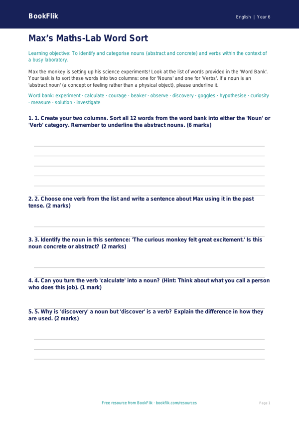 Free Nouns And Verbs Activity Sheet | Year 6 Core | BookFlik worksheet preview — English Nouns And Verbs