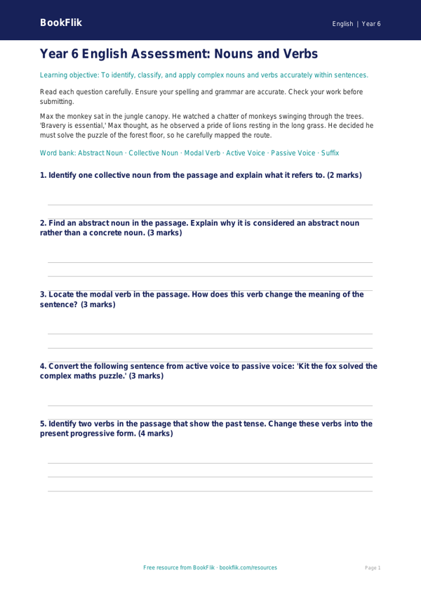 Free Nouns And Verbs Assessment | Year 6 Core | BookFlik worksheet preview — English Nouns And Verbs