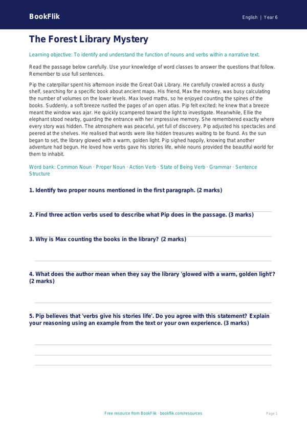 Free Nouns And Verbs Comprehension | Year 6 Core | BookFlik worksheet preview — English Nouns And Verbs