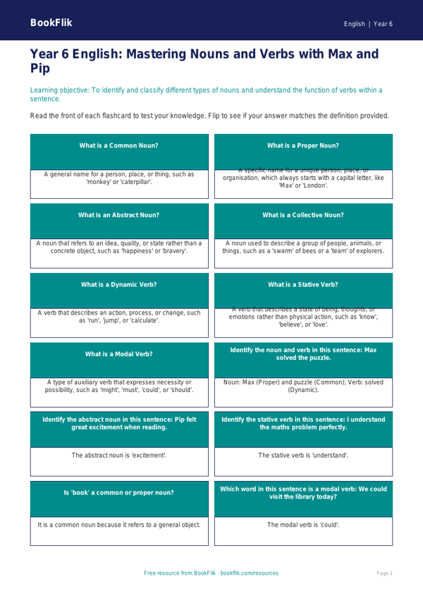 Free Nouns And Verbs Flashcards | Year 6 Core | BookFlik worksheet preview — English Nouns And Verbs
