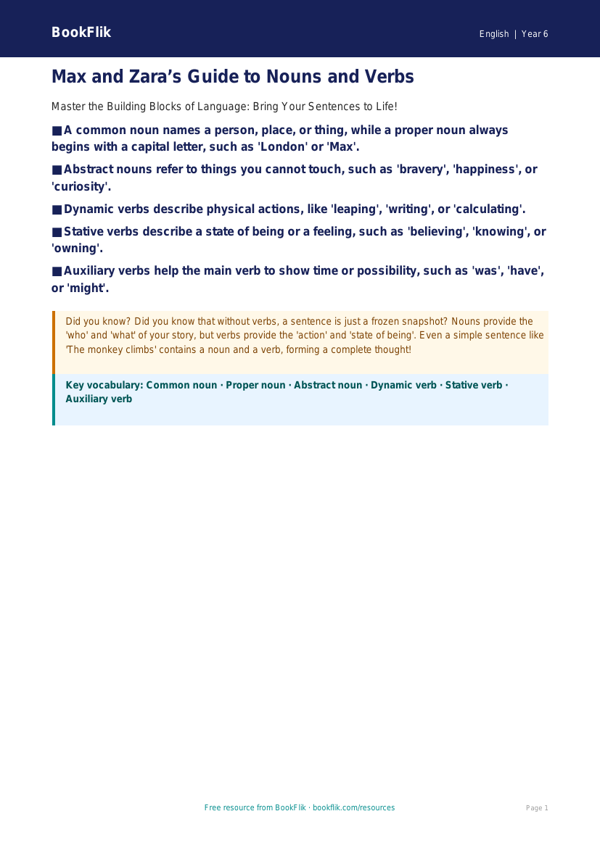 Free Nouns And Verbs Poster | Year 6 Core | BookFlik worksheet preview — English Nouns And Verbs