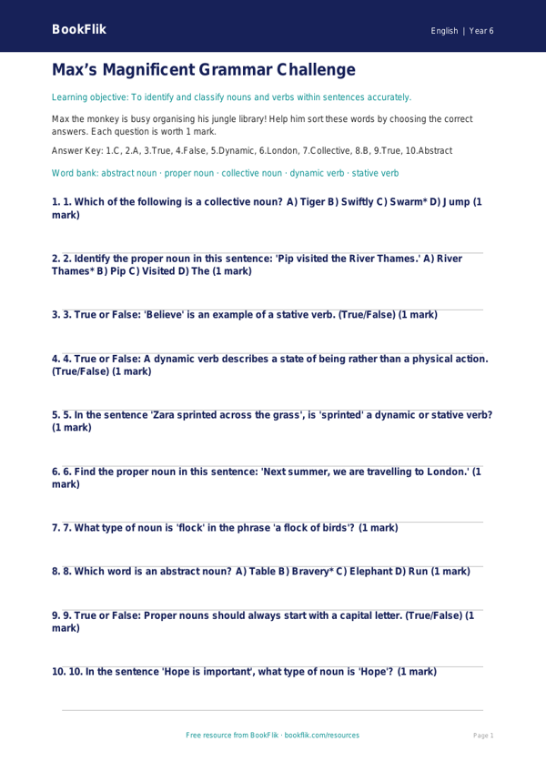 Free Nouns And Verbs Quiz | Year 6 Core | BookFlik worksheet preview — English Nouns And Verbs