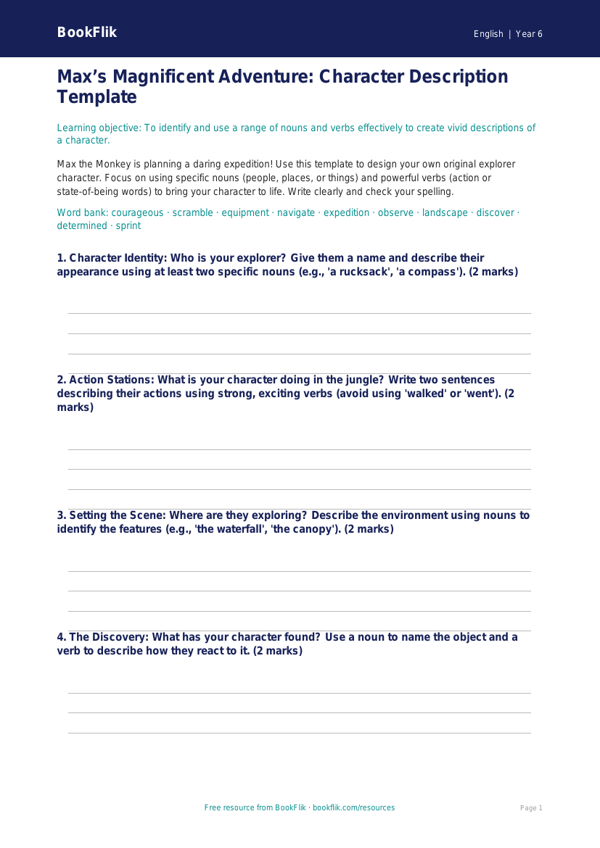 Free Nouns And Verbs Template | Year 6 Core | BookFlik worksheet preview — English Nouns And Verbs