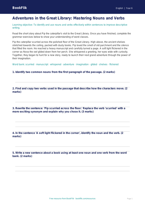 Free Nouns And Verbs Track Sheet | Year 6 Core | BookFlik worksheet preview — English Nouns And Verbs