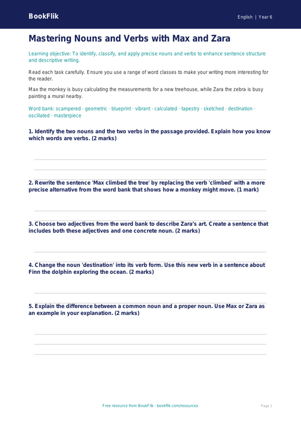 Free Nouns And Verbs Worksheet | Year 6 Core | BookFlik worksheet preview — English Nouns And Verbs