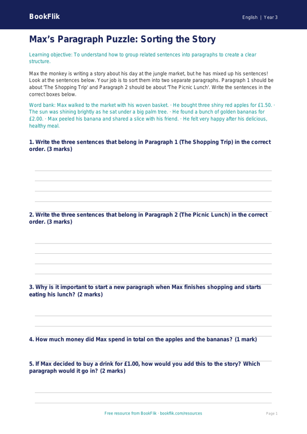 Free Paragraphs Activity Sheet | Year 3 Core | BookFlik worksheet preview — English Paragraphs
