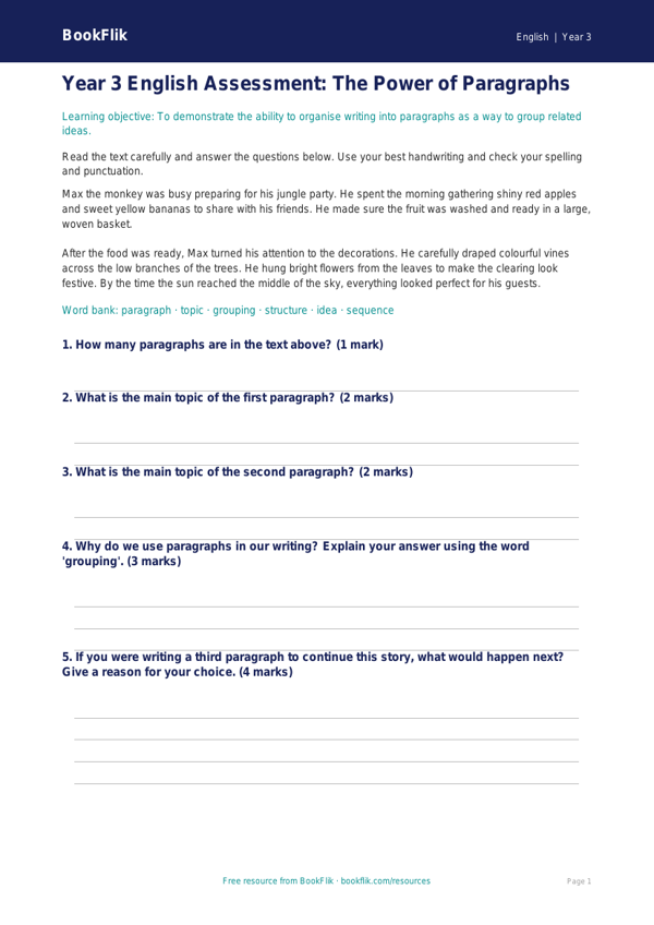 Free Paragraphs Assessment | Year 3 Core | BookFlik worksheet preview — English Paragraphs