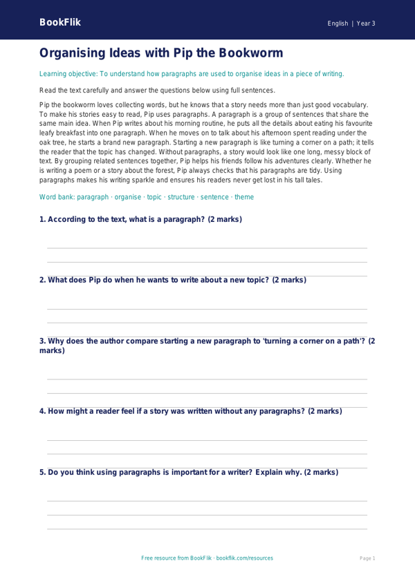 Free Paragraphs Comprehension | Year 3 Core | BookFlik worksheet preview — English Paragraphs