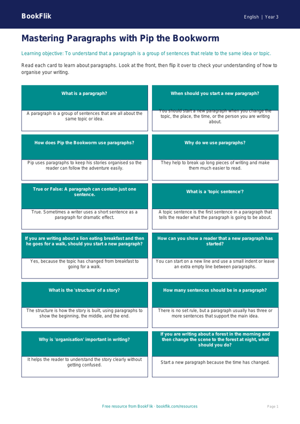 Free Paragraphs Flashcards | Year 3 Core | BookFlik worksheet preview — English Paragraphs