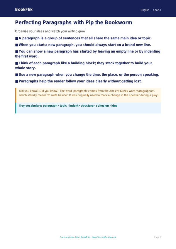 Free Paragraphs Poster | Year 3 Core | BookFlik worksheet preview — English Paragraphs