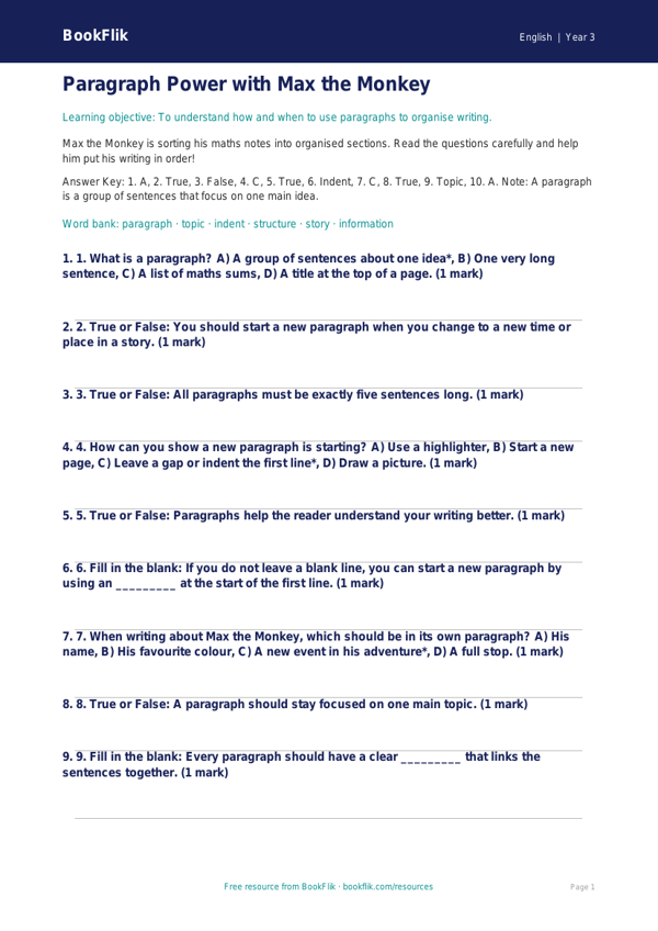 Free Paragraphs Quiz | Year 3 Core | BookFlik worksheet preview — English Paragraphs