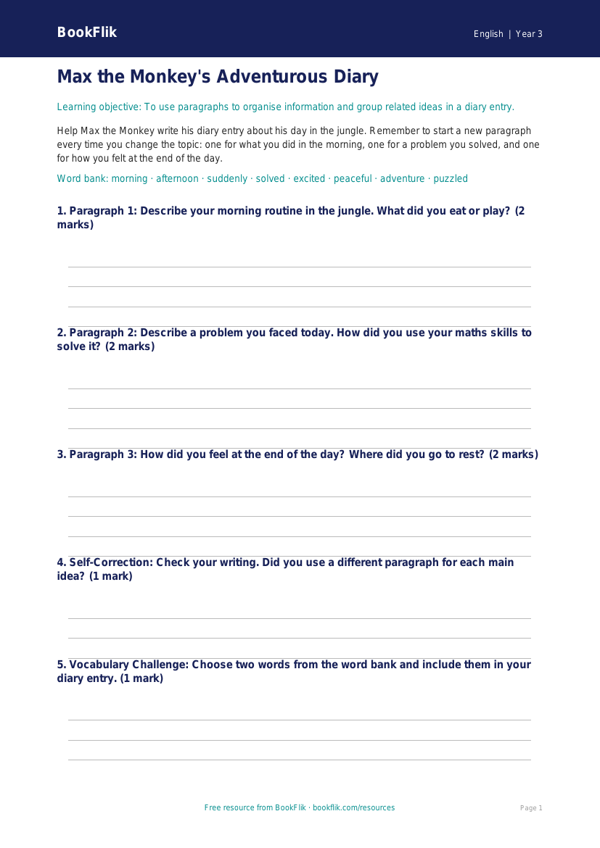 Free Paragraphs Template | Year 3 Core | BookFlik worksheet preview — English Paragraphs