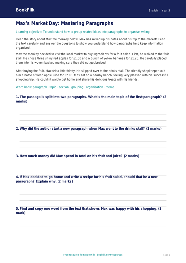 Free Paragraphs Track Sheet | Year 3 Core | BookFlik worksheet preview — English Paragraphs