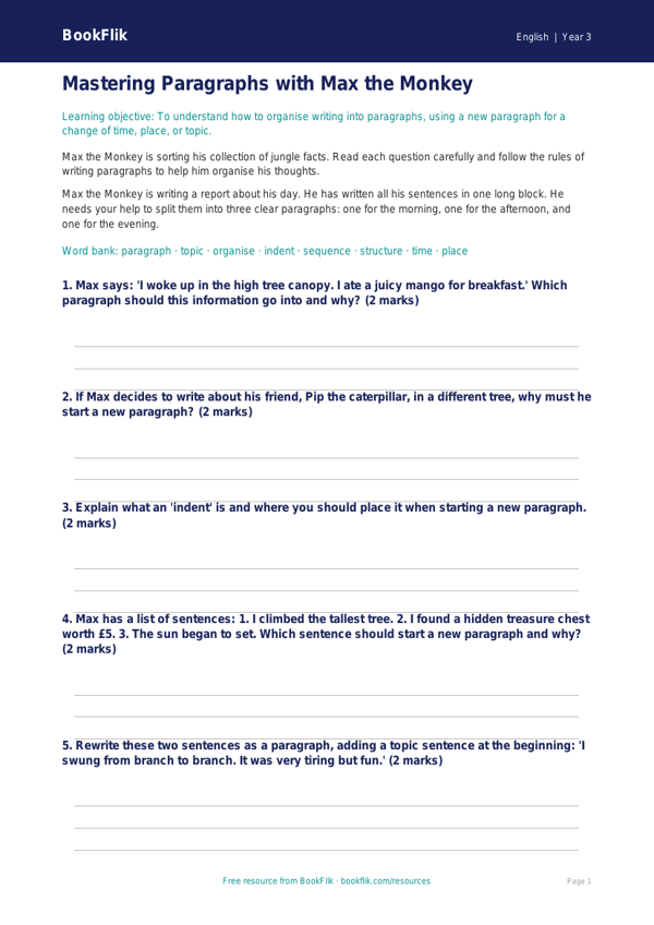 Free Paragraphs Worksheet | Year 3 Core | BookFlik worksheet preview — English Paragraphs