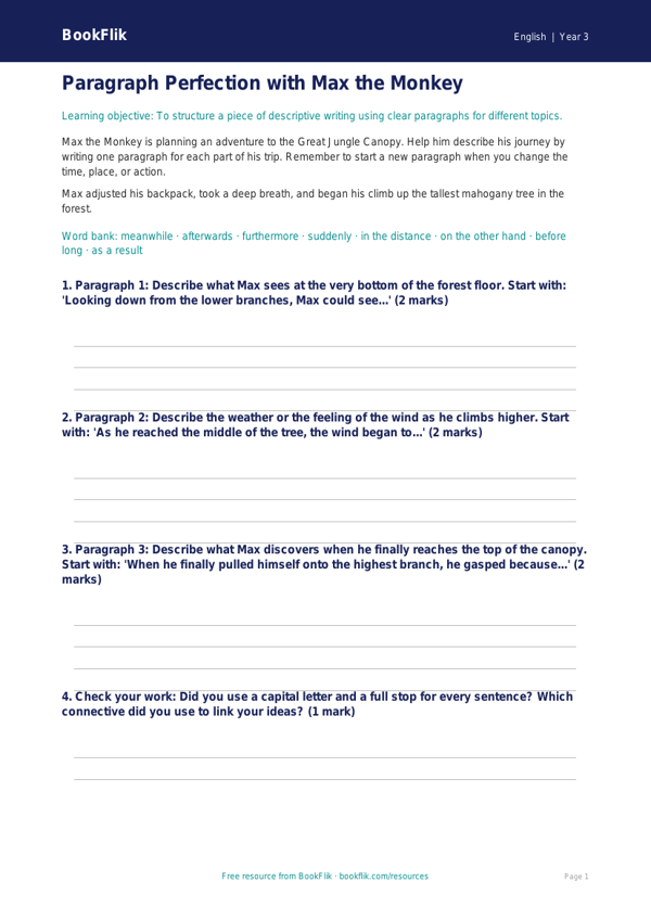 Free Paragraphs Writing Frame | Year 3 Core | BookFlik worksheet preview — English Paragraphs