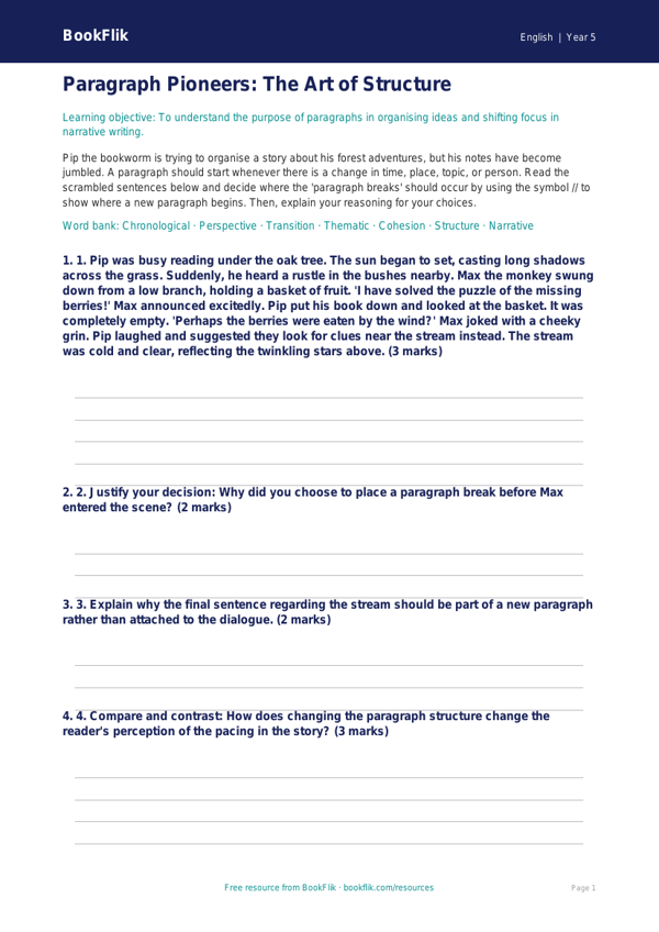 Free Paragraphs Activity Sheet | Year 5 Greater Depth | BookFlik worksheet preview — English Paragraphs