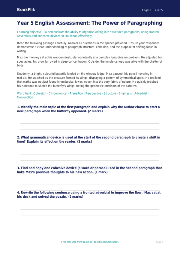 Free Paragraphs Assessment | Year 5 Greater Depth | BookFlik worksheet preview — English Paragraphs