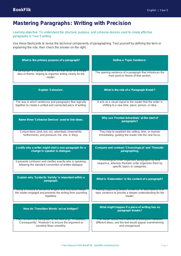 Free Paragraphs Flashcards | Year 5 Greater Depth | BookFlik worksheet preview — English Paragraphs