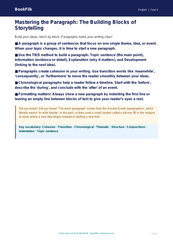 Free Paragraphs Poster | Year 5 Greater Depth | BookFlik worksheet preview — English Paragraphs