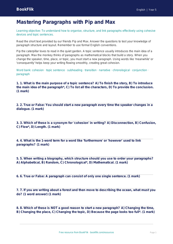 Free Paragraphs Quiz | Year 5 Greater Depth | BookFlik worksheet preview — English Paragraphs